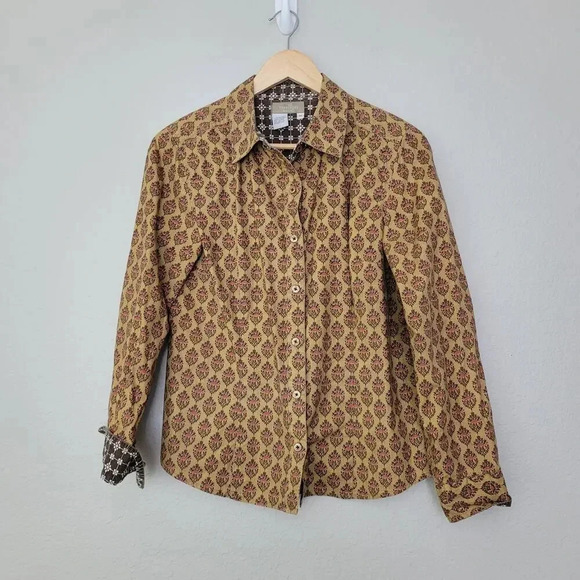 The Territory Ahead Women's Button-Up Top M Beige Floral 100% Cotton Long Sleeve - Picture 1 of 6